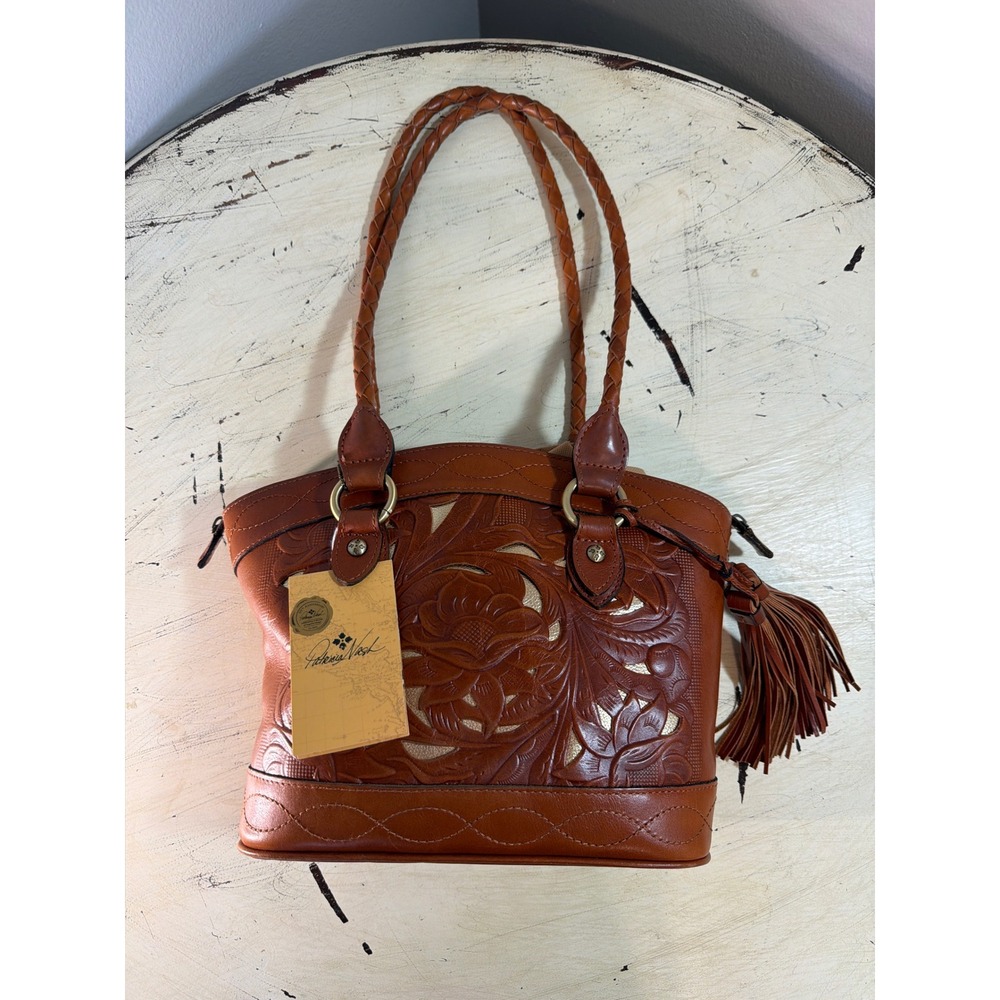 Patricia Nash Leather Shoulder Bag Women Medium Tan Gold Tooled Floral Tassel - Picture 2 of 9
